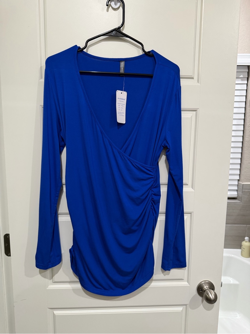 Allegrace NWT Womens XL Royal Blue Ruched V Neck Faux Wrap Long Sleeve Top New